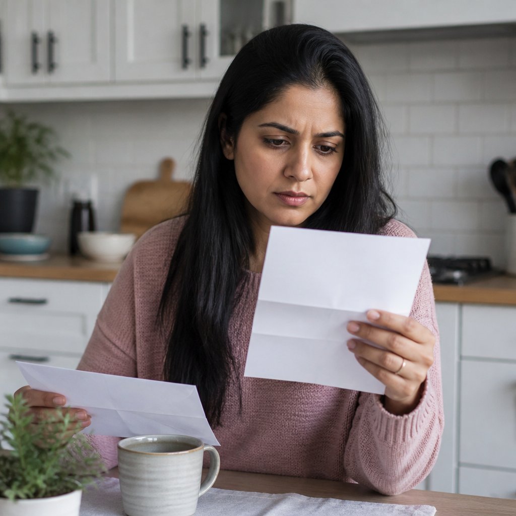 Woman reading a letter from neighbor denying responsibility and warning against root disturbance.