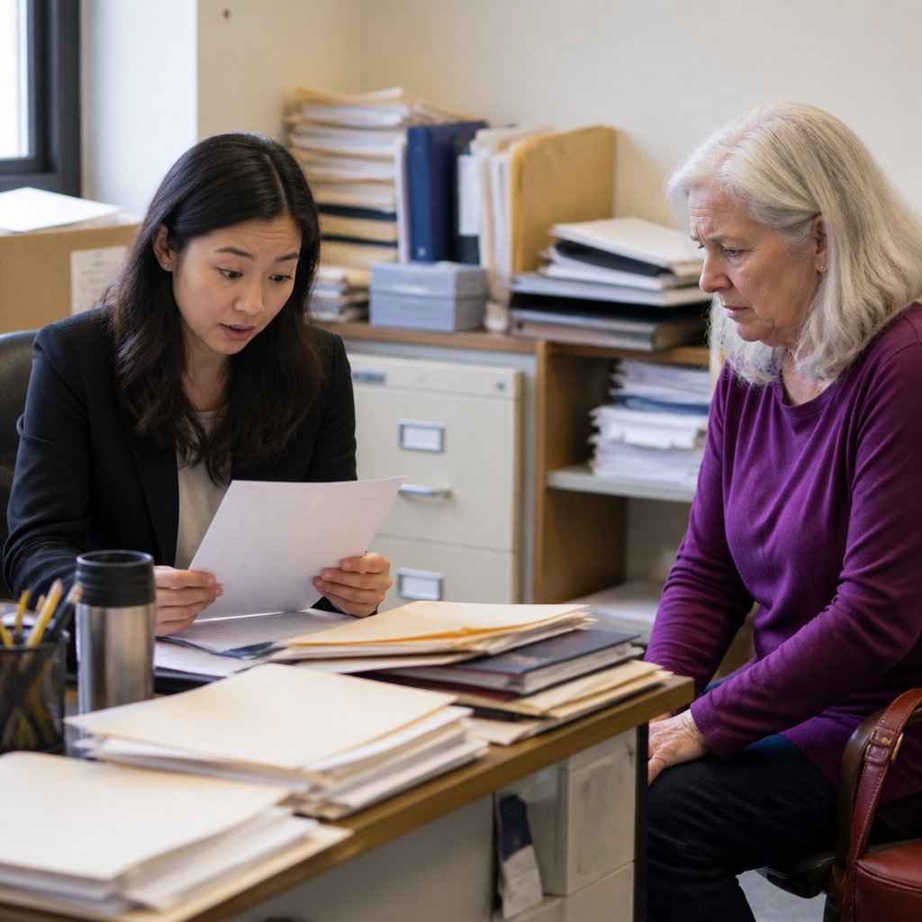 Legal aid attorney reading the complaint with amused disbelief while elderly client looks worried