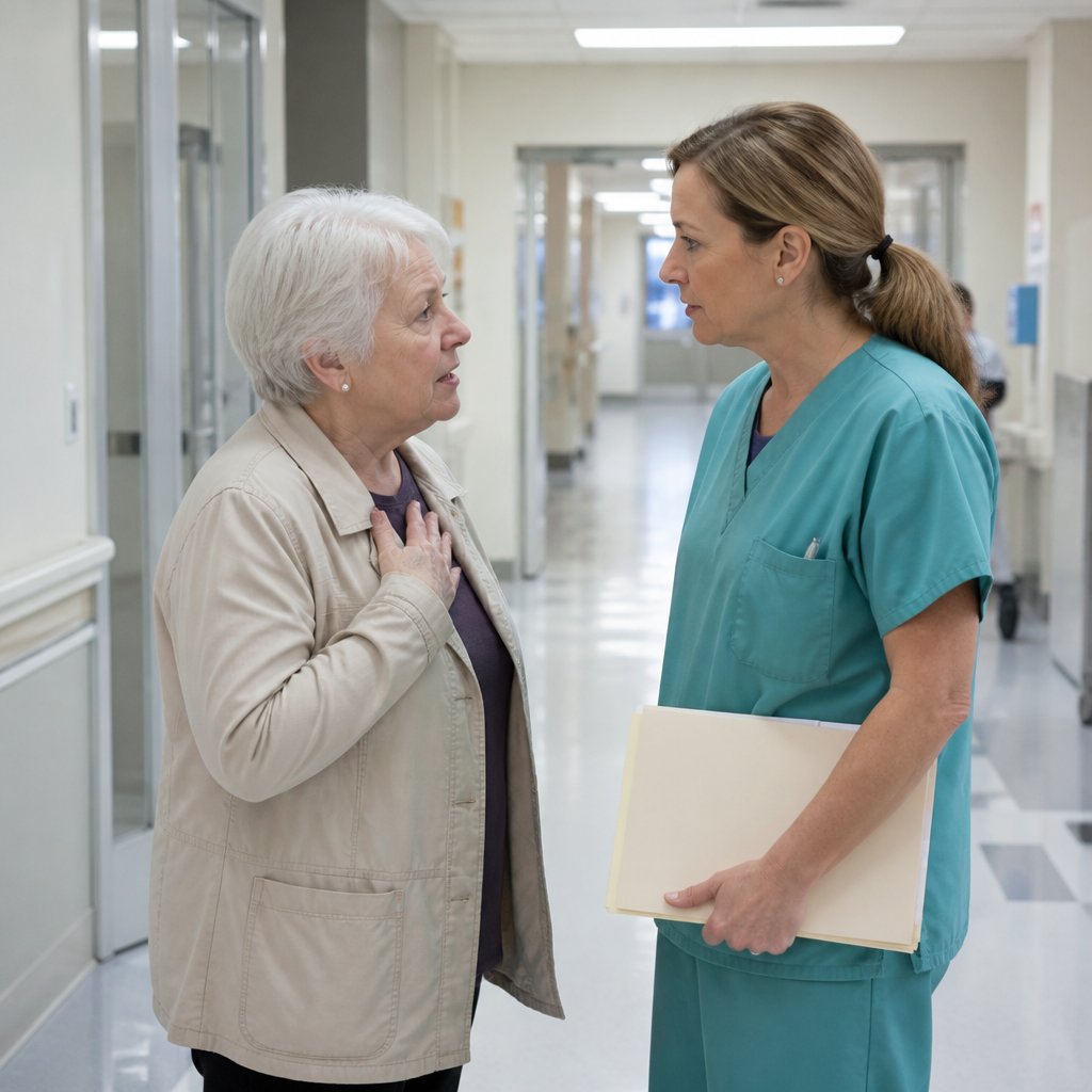Older white woman discussing urgent marker concerns with surgeon in hospital hallway