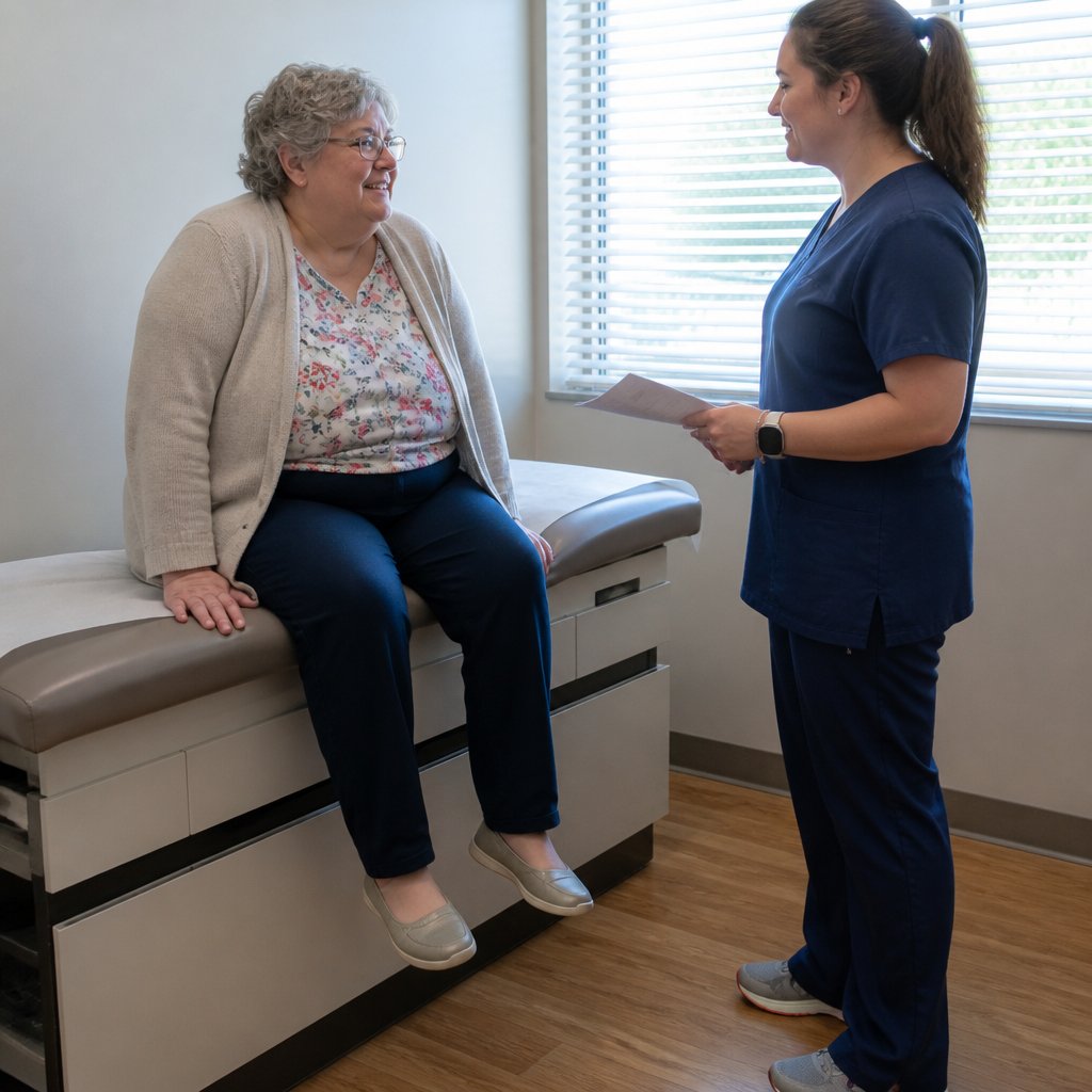 Woman sitting on exam table receiving work-restriction note from nurse.