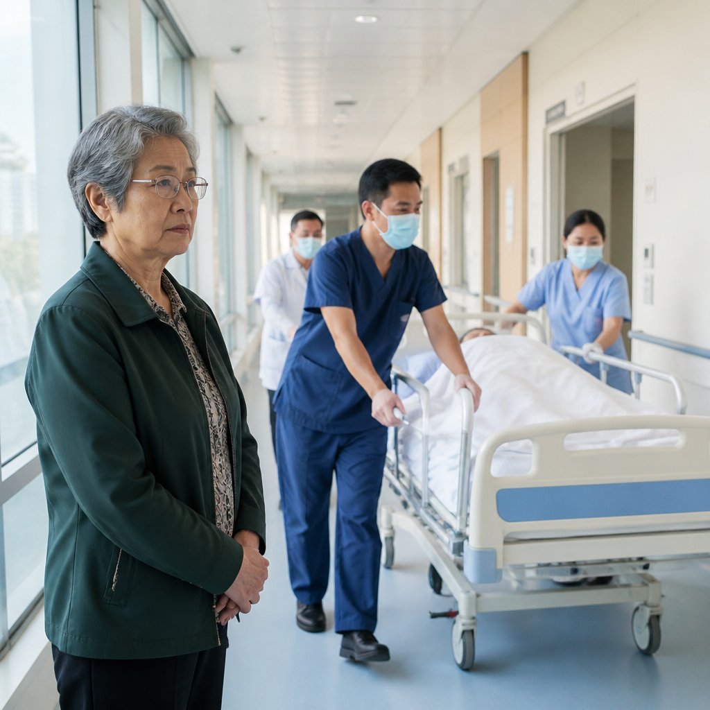 Medical team rushing patient to ICU as wife watches anxiously