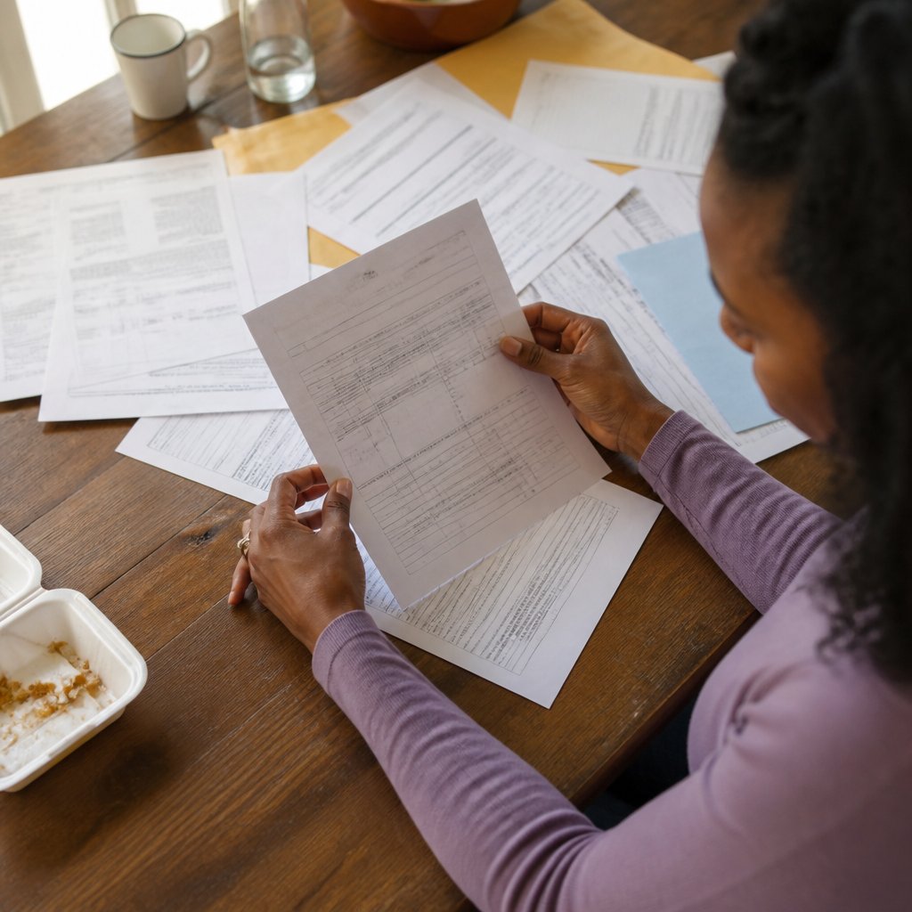 Hands holding a medical bill among scattered insurance letters on a kitchen table.