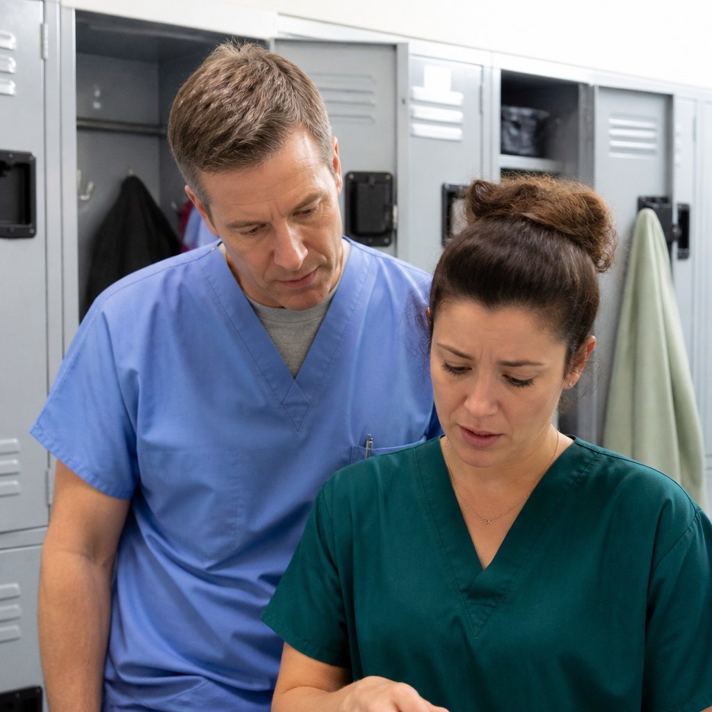 Nurse and scrub tech reviewing a secretive text about incident report bans in locker room.