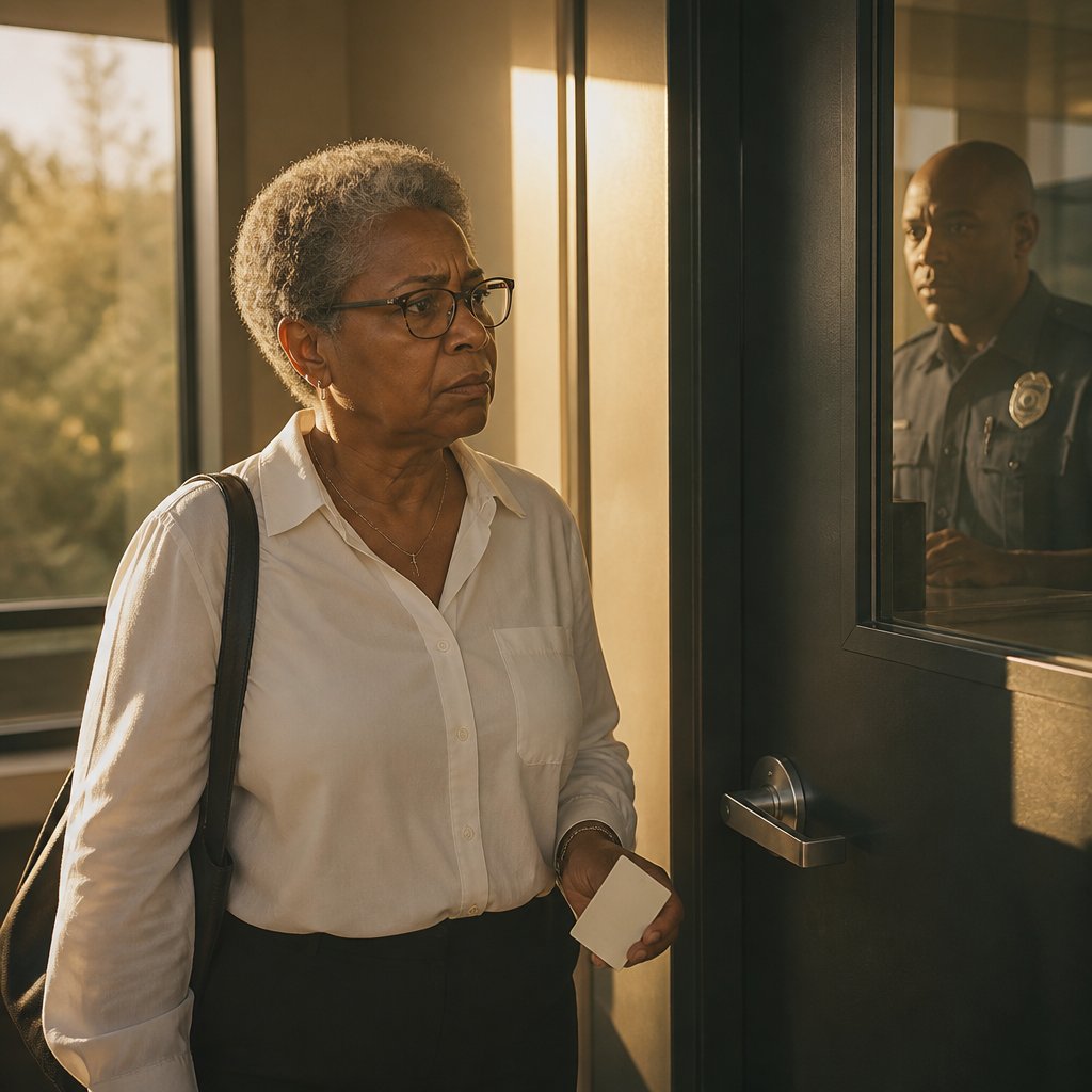 Woman outside locked door at security checkpoint, badge in hand, guarded closely by security officer.