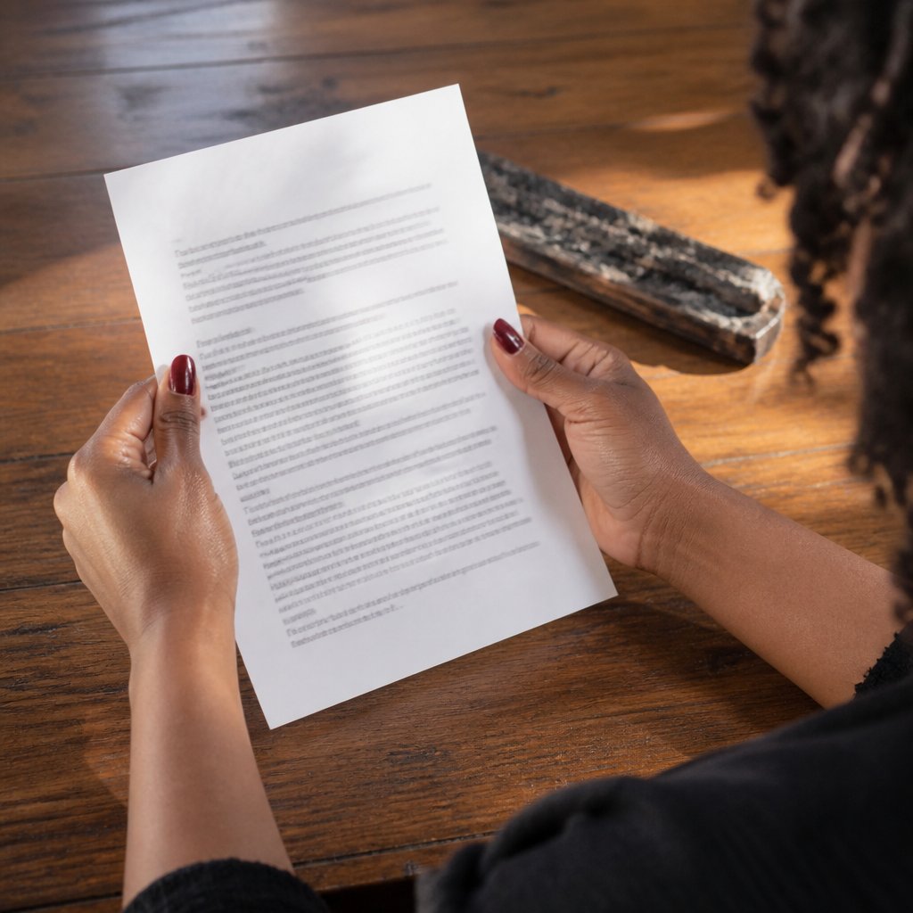 Hands holding a fire report with a burnt crib piece in the background.