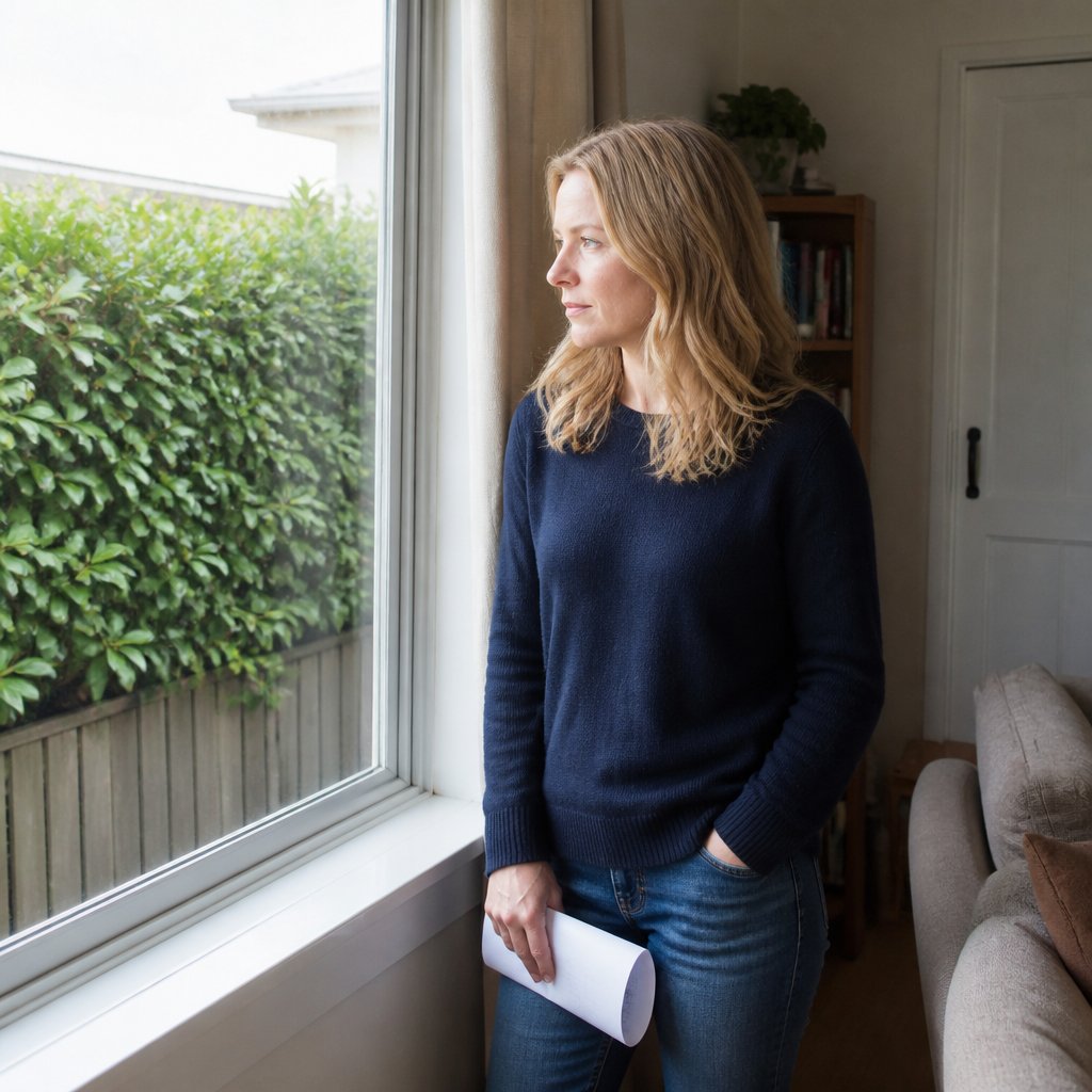 Woman looking out window at fast-growing hedge, holding papers.