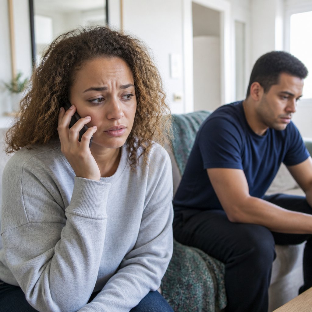 Woman receiving after-hours medical advice on the phone at home.
