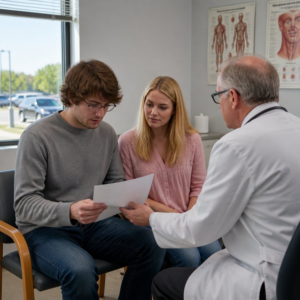 Doctor handing letter to couple in clinic exam room