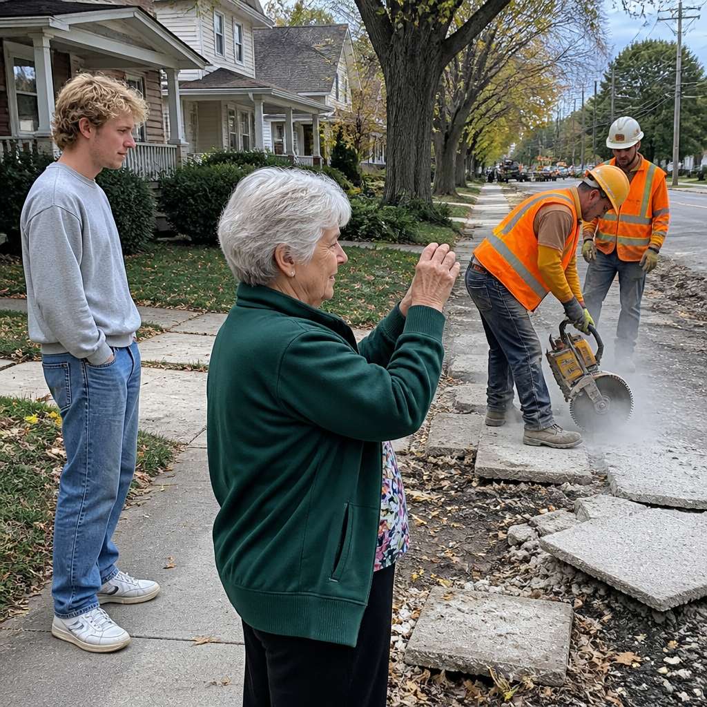 Man standing behind woman filming sidewalk workers cutting slab in residential area.