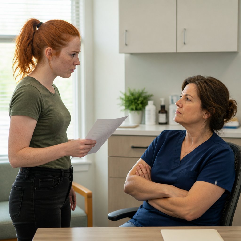 Tense meeting between patient and nurse manager over lab report rejection.