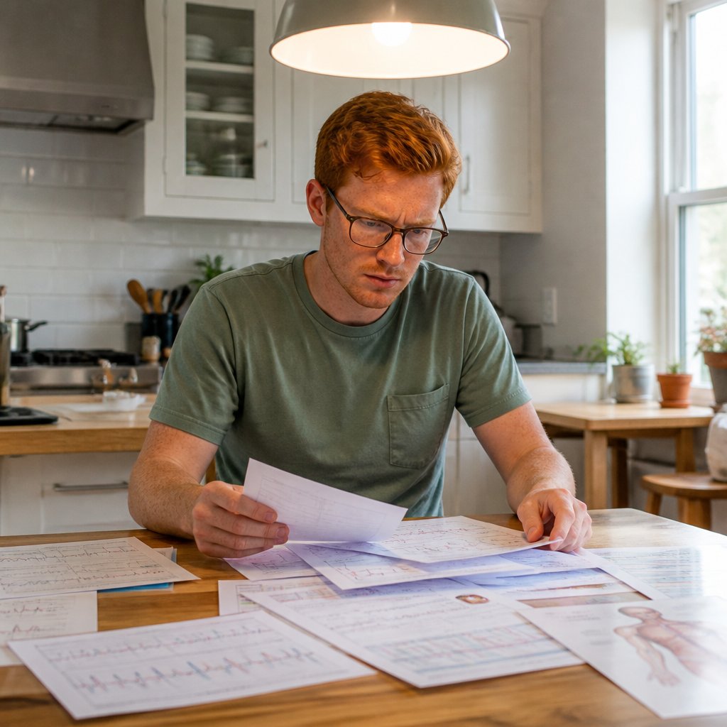 Young red-haired white man reviewing scattered medical papers at a kitchen table.