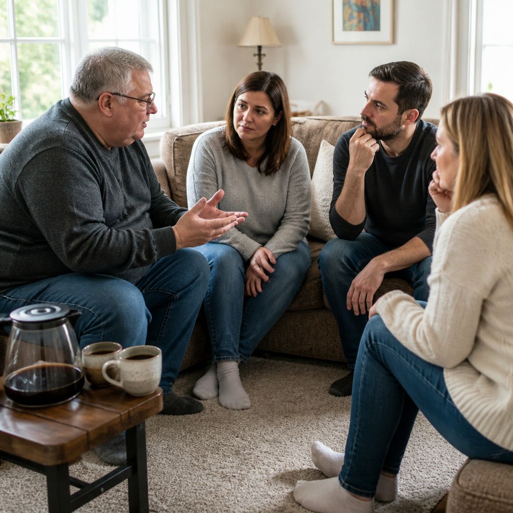 Group of four people in living room, engaged in serious conversation; concerned expressions.