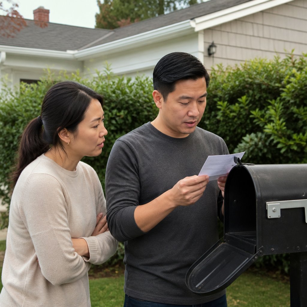 Couple reading cease-and-desist letter in front yard
