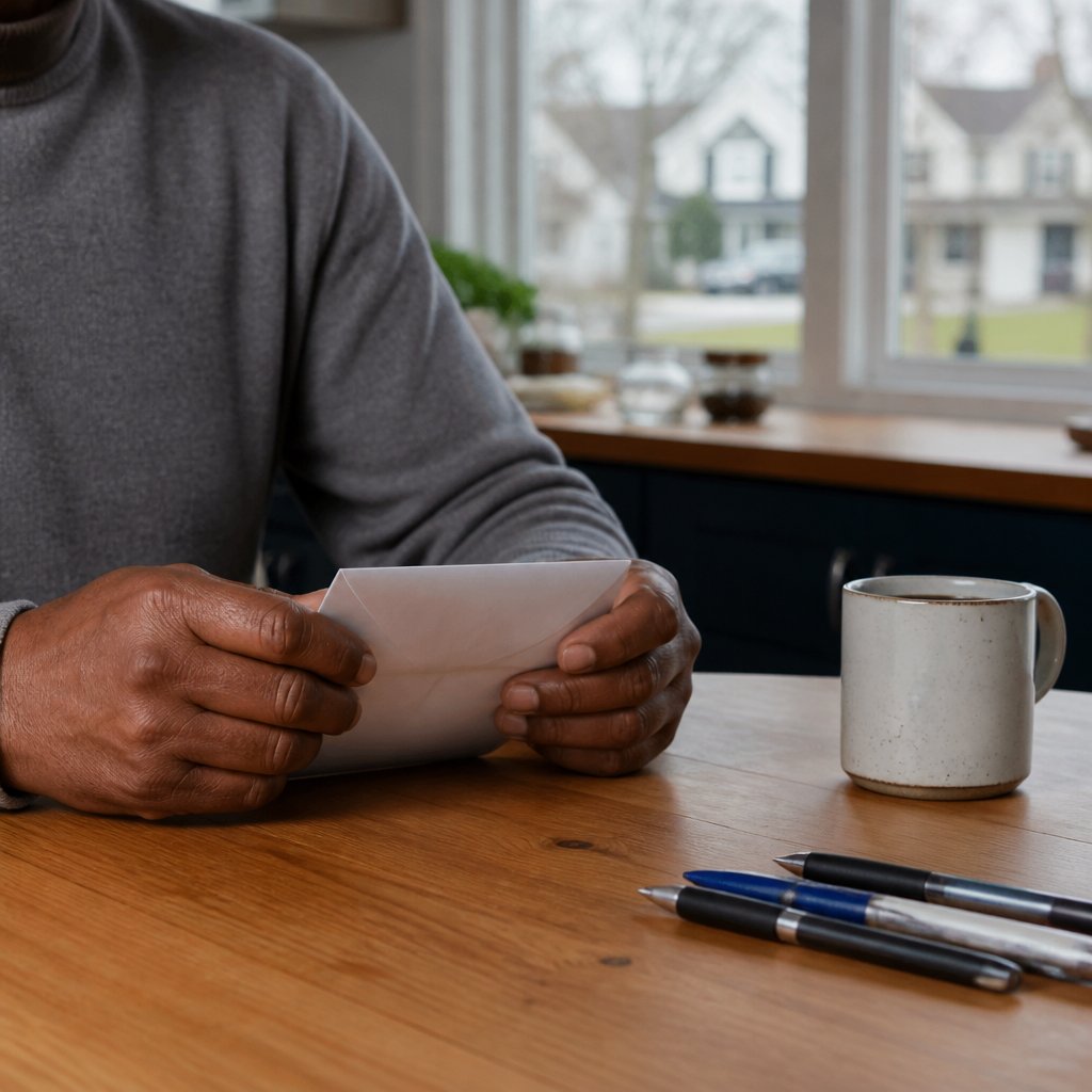 Close-up of hands holding a letter on a kitchen table, tension visible in grip.