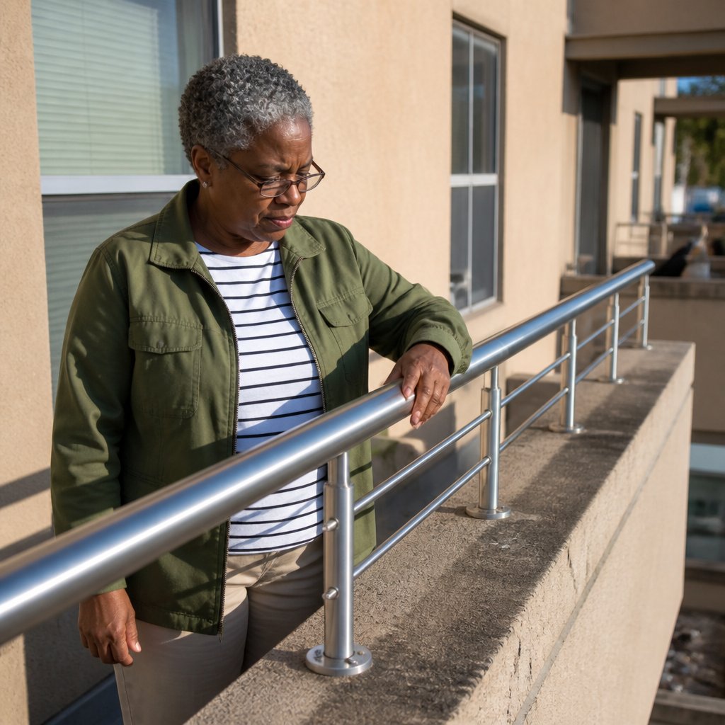 Woman on balcony examining new railing where broken pieces were removed.