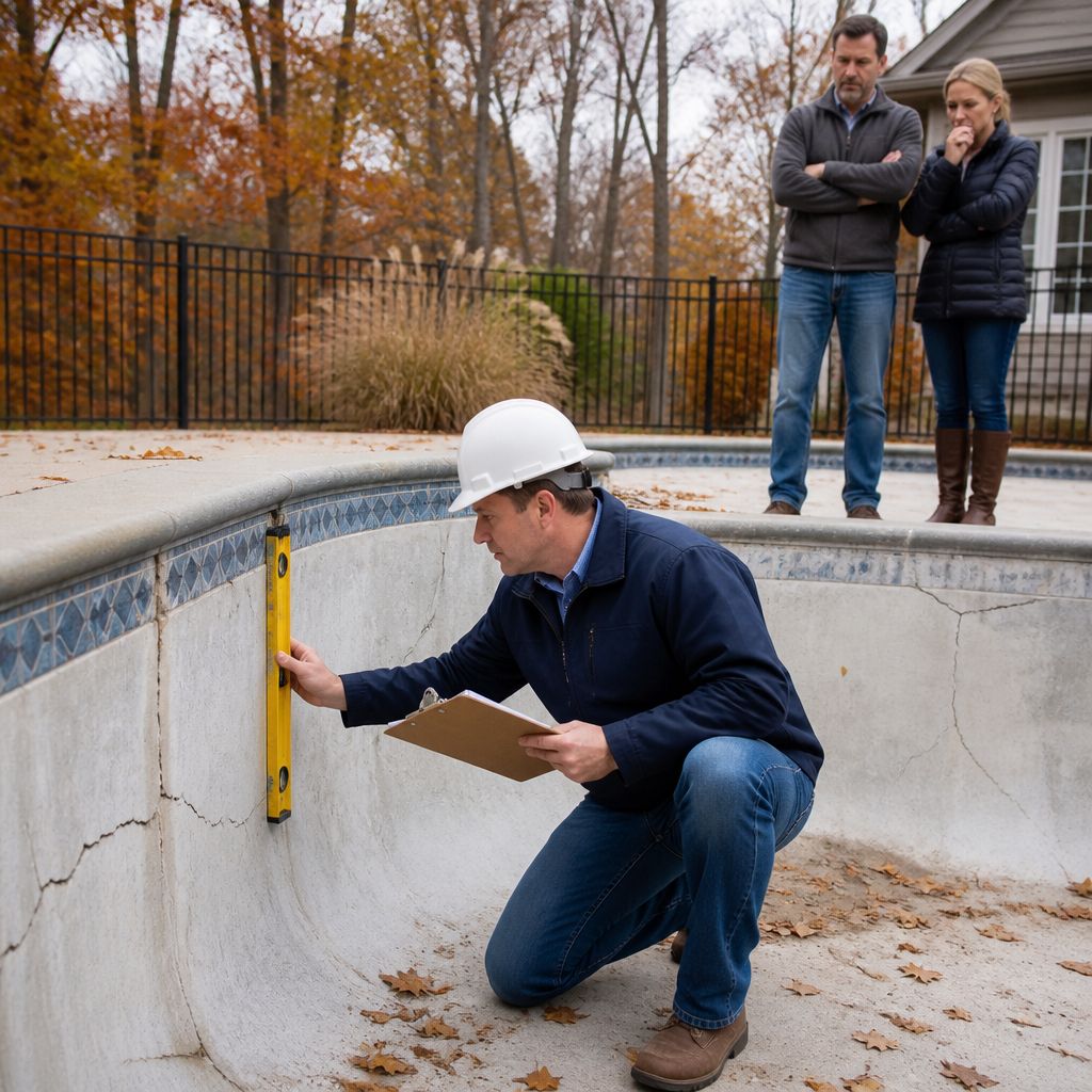 Structural engineer inspecting cracked pool while worried homeowners watch