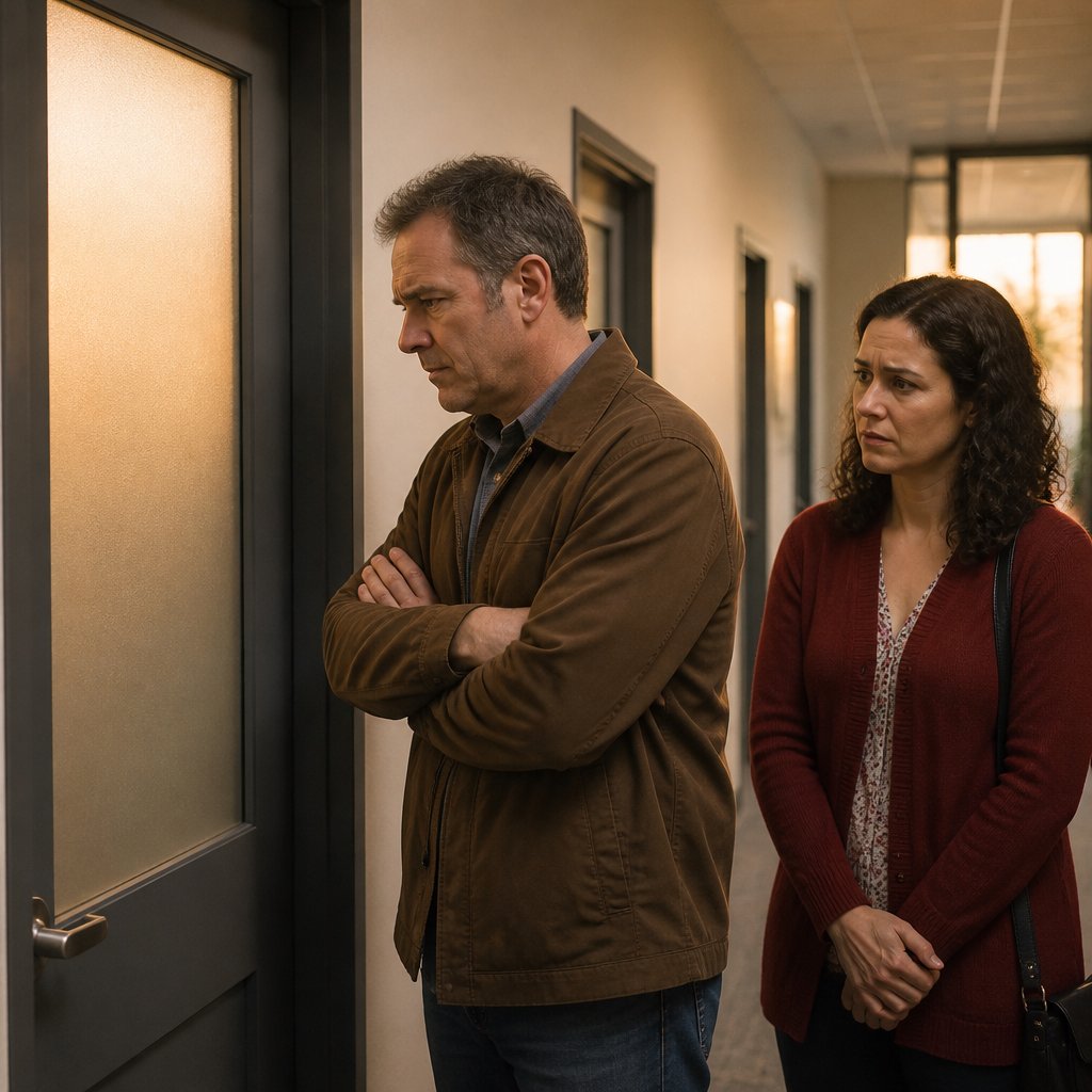 Two employees standing outside an HR office, looking tense and uncertain.
