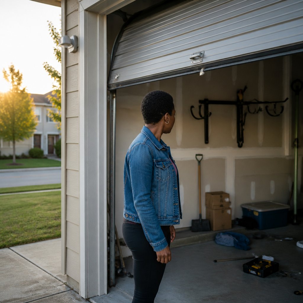 Woman discovering her bike stolen from the garage at dawn.