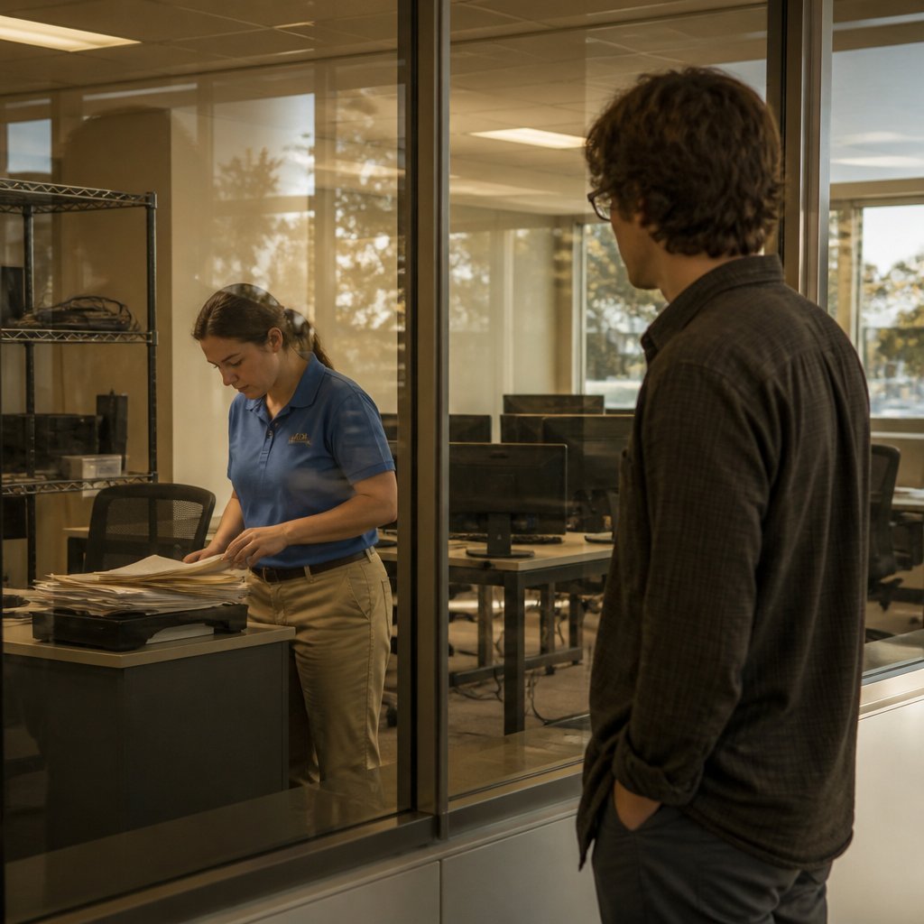 IT ops room seen through glass, woman filing papers, young man watching from outside.