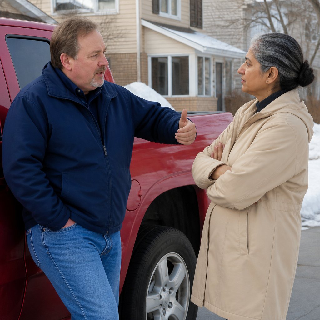Neighborhood plowing negotiation between neighbors outside in winter clothing