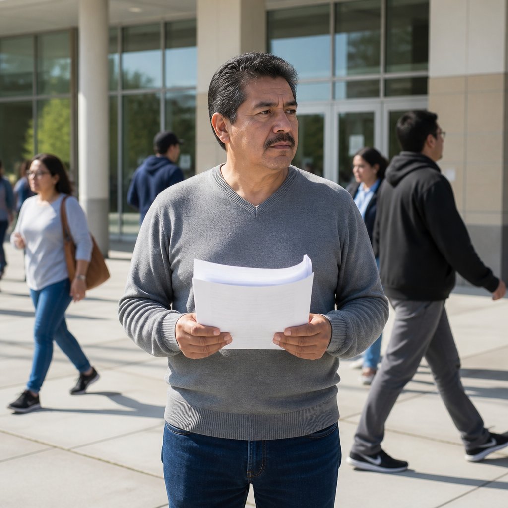 Latino man holding discharge papers outside hospital building.