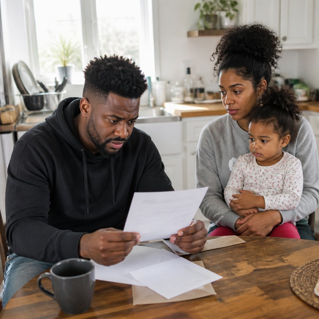 Man reading insurance denial letter at kitchen table with wife and daughter nearby.