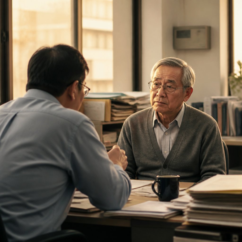 Older East Asian man in office answers manager’s probing questions with concern.