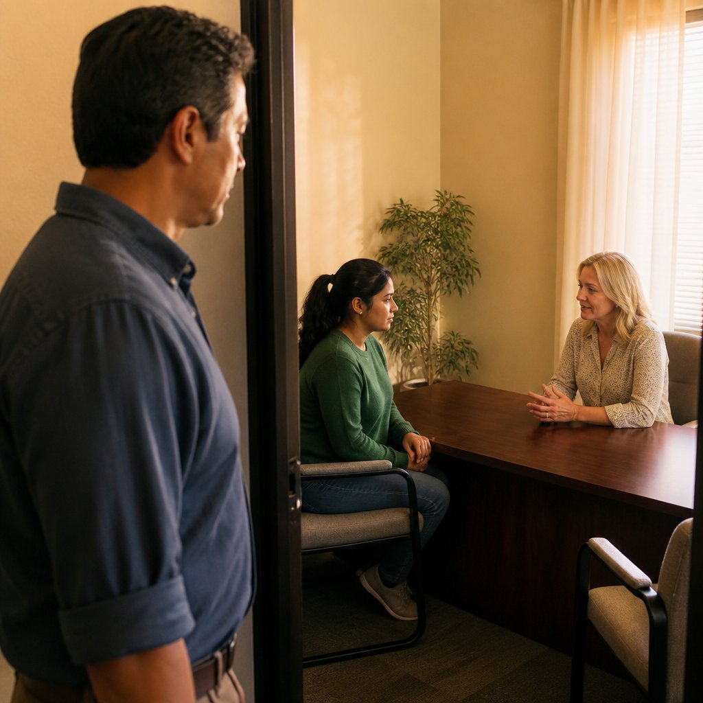Employee talking to HR about company phone options, expressions tense.