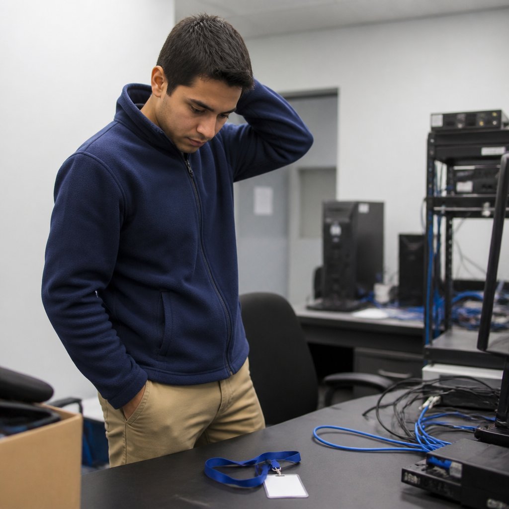 Young Latino man in fleece jacket frustrated in IT office with denied system access.