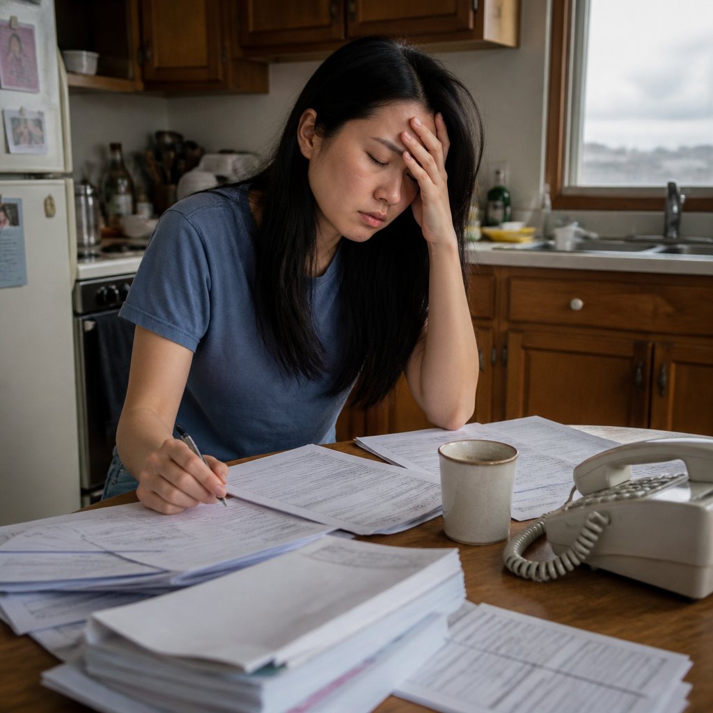 Stressed East Asian woman overwhelmed by denied insurance bills at kitchen table.
