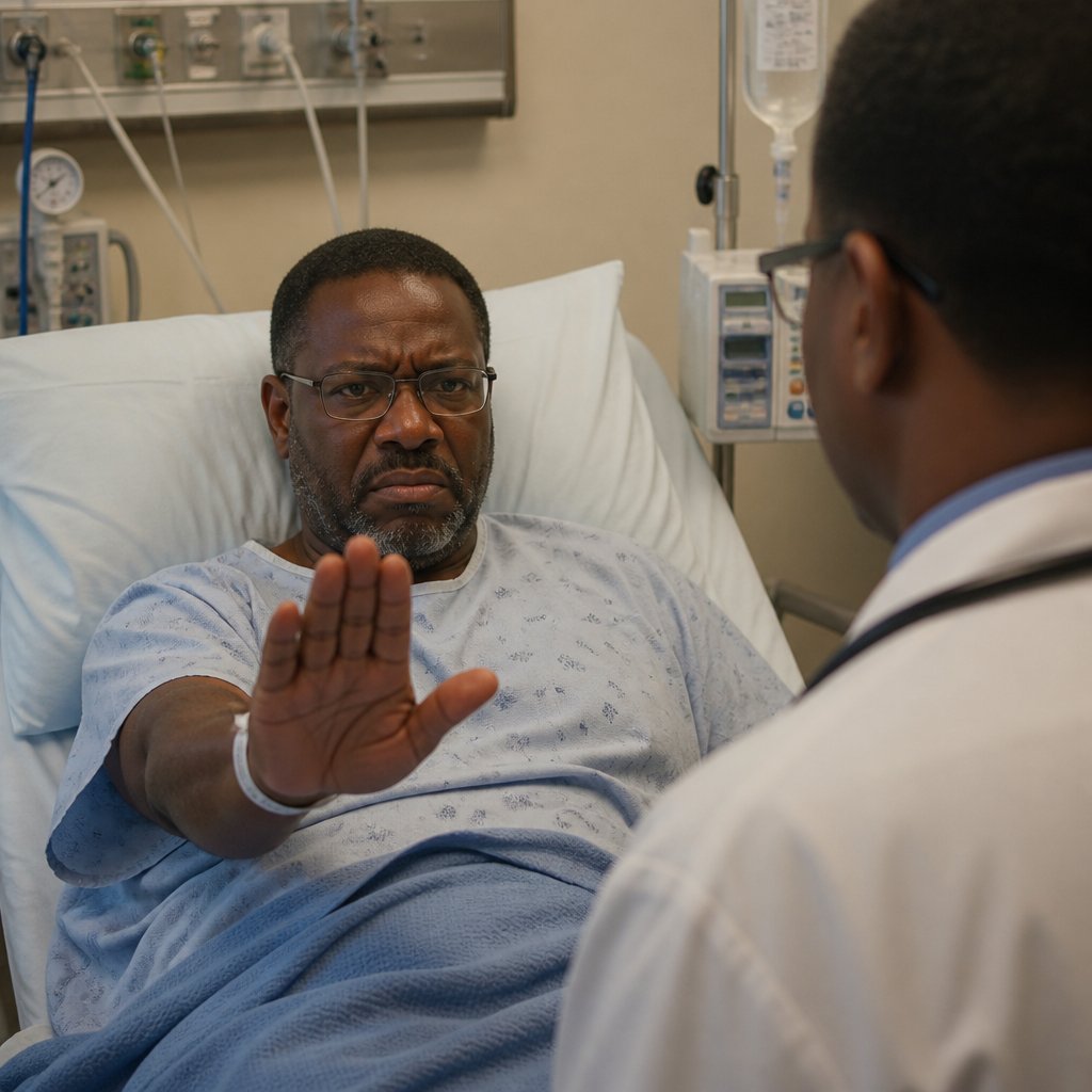 Patient firmly stopping doctor with raised palm and expression of controlled fury