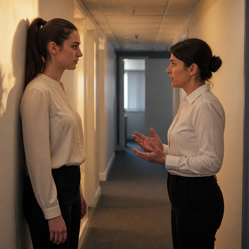 Employee confronted by HR rep in a narrow office corridor, tension palpable as a demand is made.