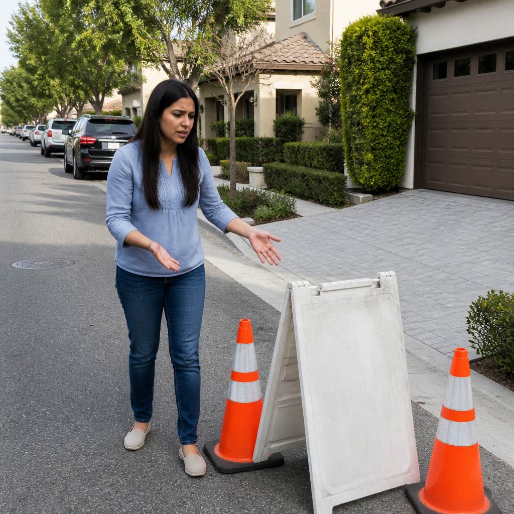 Woman frustrated by orange cones and no parking sign blocking driveway access.
