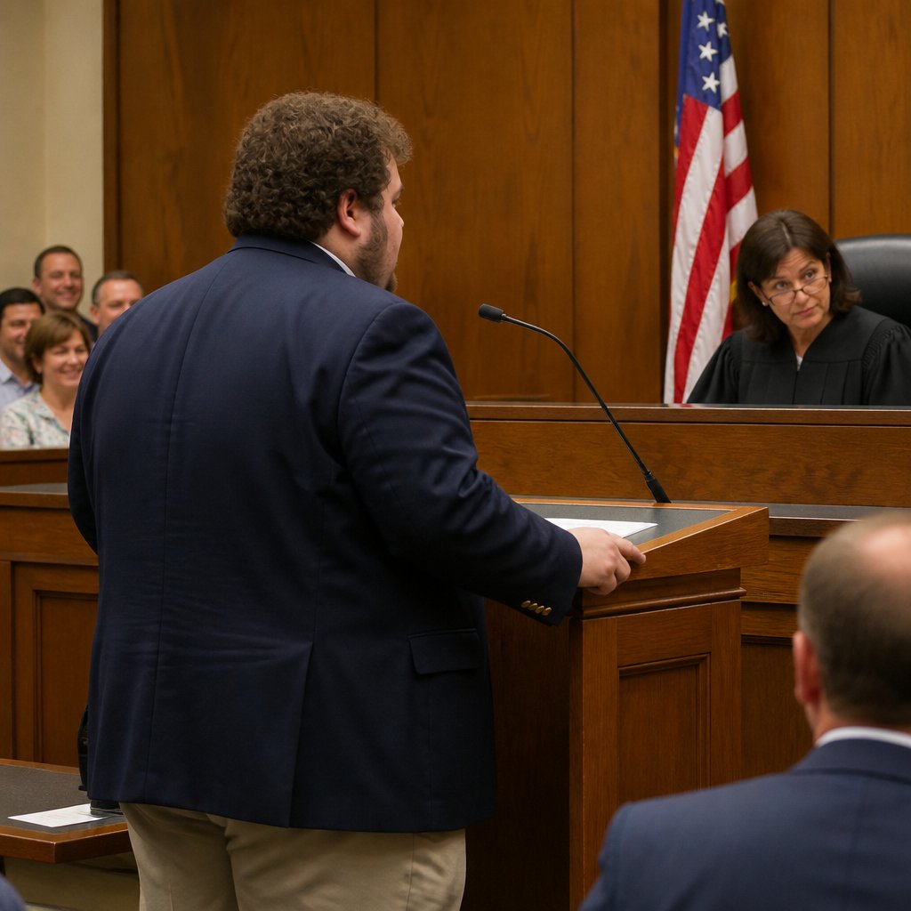 Judge looking skeptically at young lawyer while gallery smiles during hearing