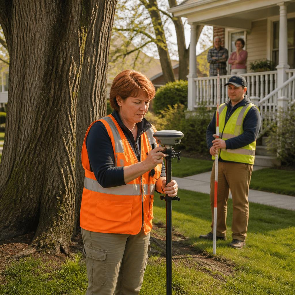 Land surveyor looking puzzled at measurements near the oak tree between properties