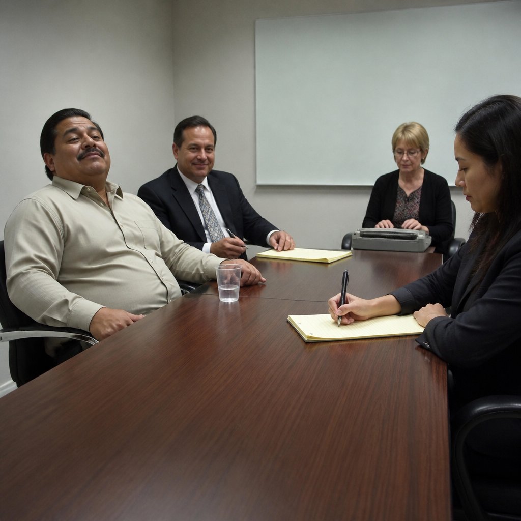 Plaintiff looking confident during deposition while defense attorney calmly takes notes