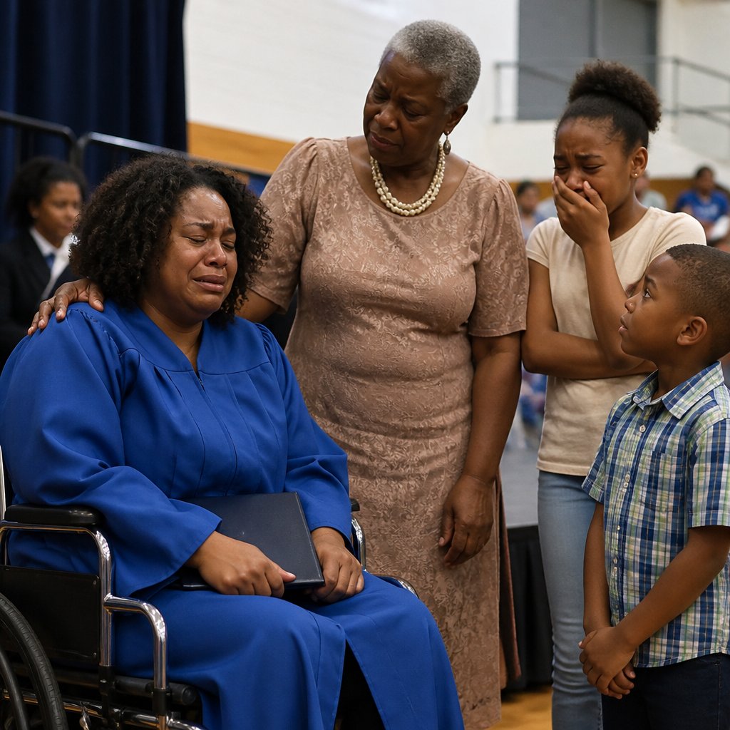 Woman receiving diploma in wheelchair while family gathers around her at side of stage