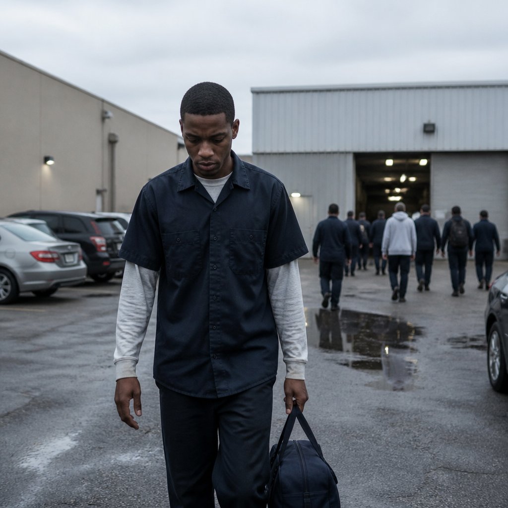 Man arriving at a new warehouse job looking tired from years of legal fighting