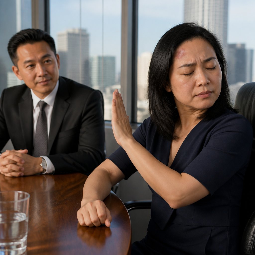Woman firmly rejecting settlement offer while her attorney watches with approval
