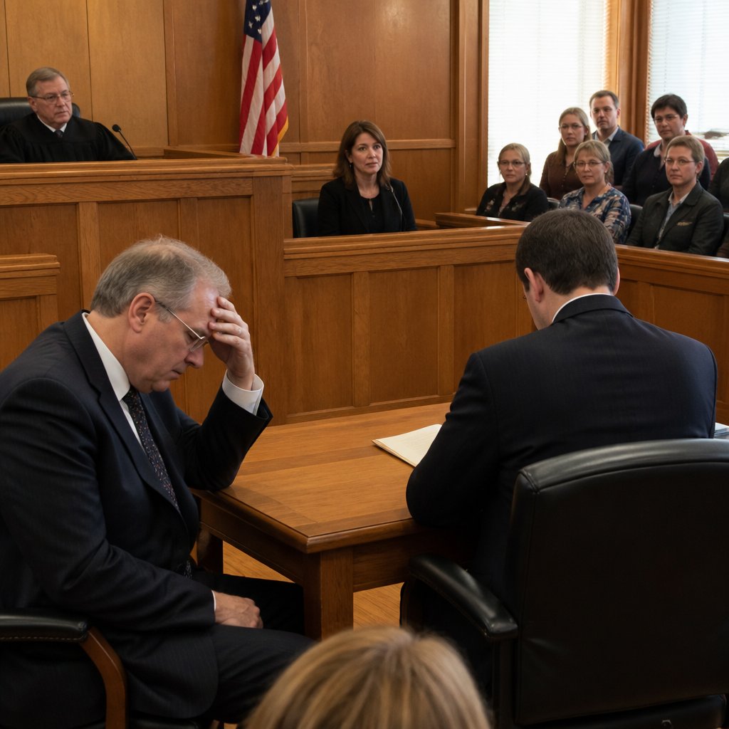 Wife testifying candidly while husband at plaintiff table looks stunned