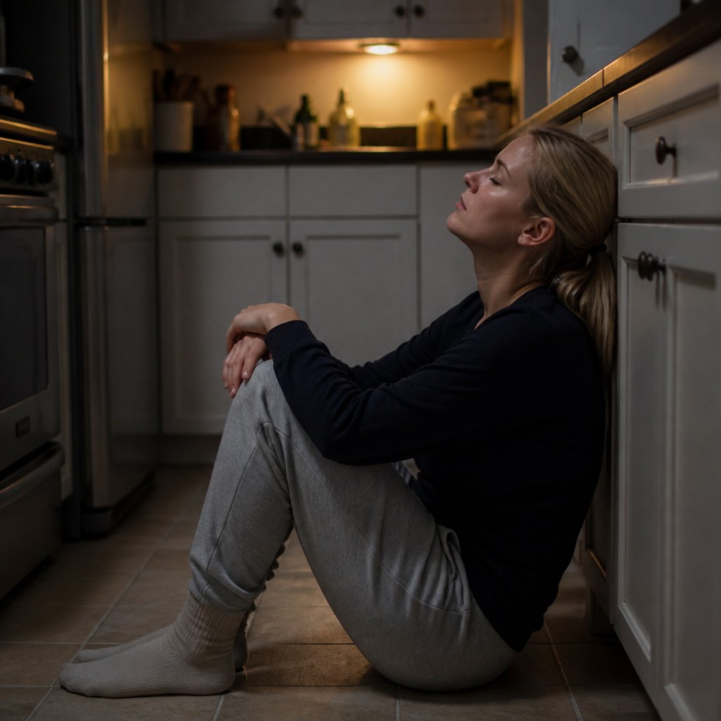 Woman sitting on kitchen floor with eyes closed after devastating phone call