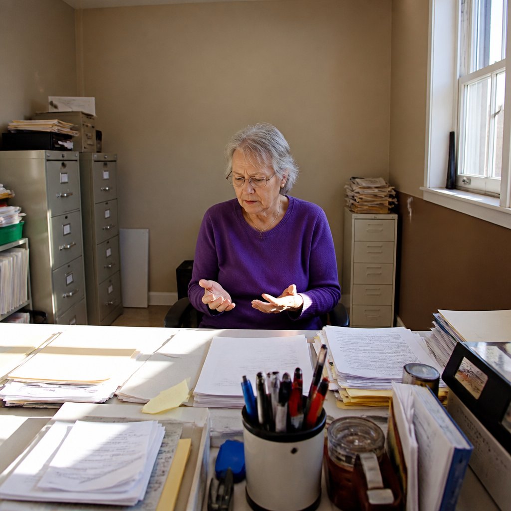 Woman sitting alone in store office, frustrated and uncertain after being told no video exists.