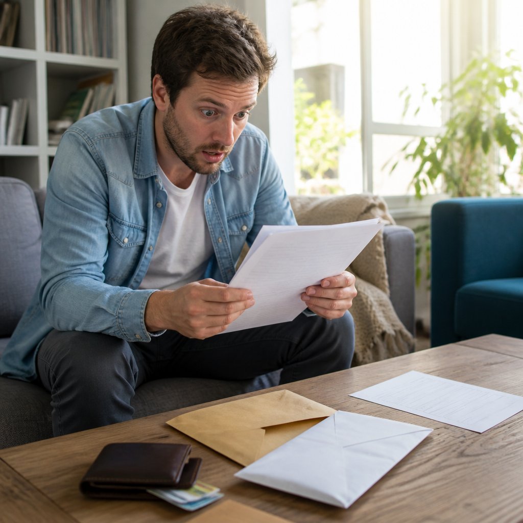 Man stressed over bills at kitchen table, running hand through hair.