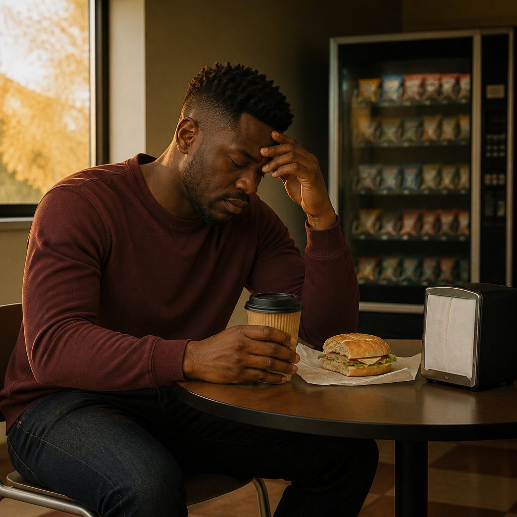 Man sits alone in a break room, looking down with frustration while holding a coffee cup, surrounded by snacks.
