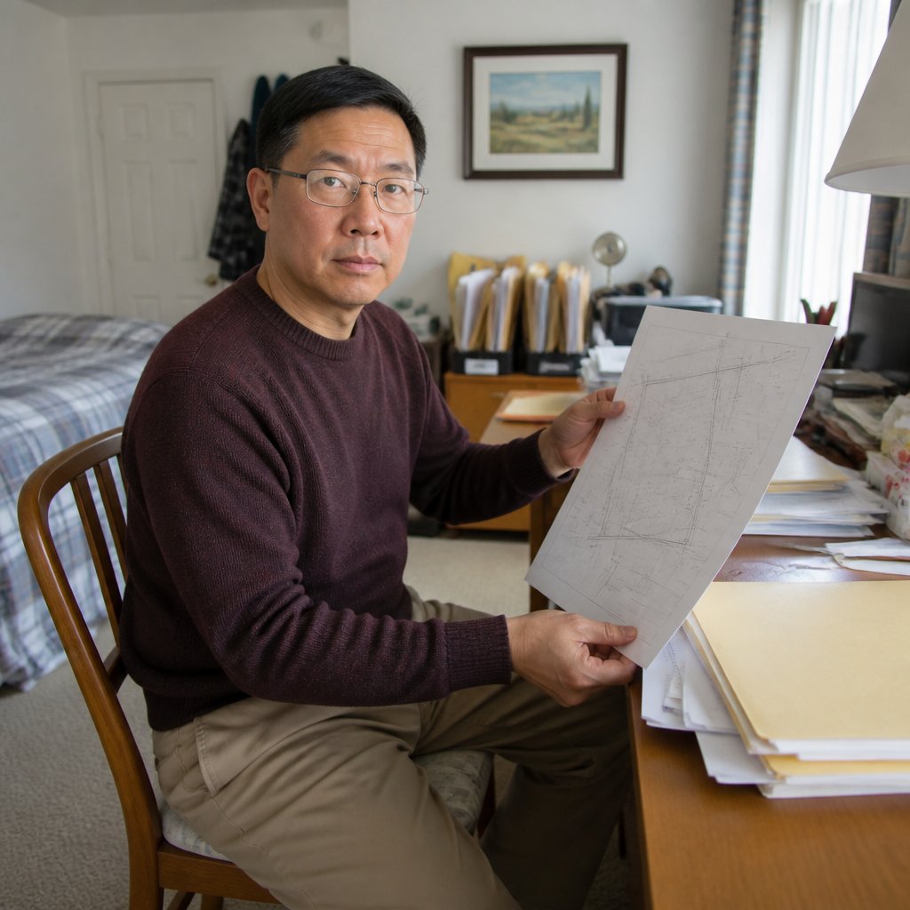 Man studies detailed survey sketch in spare room at desk