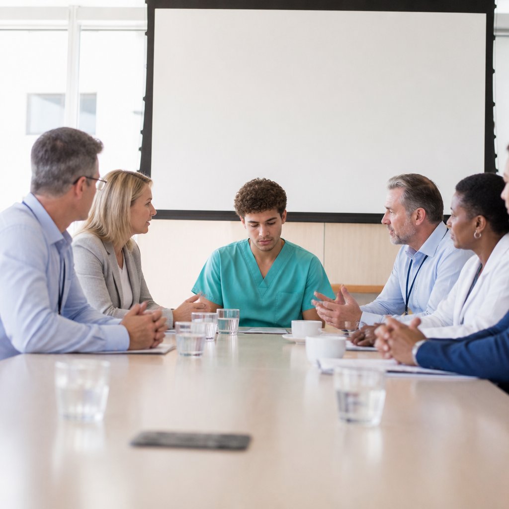 Young man in scrubs isolated in a hospital meeting room as others present critical feedback.