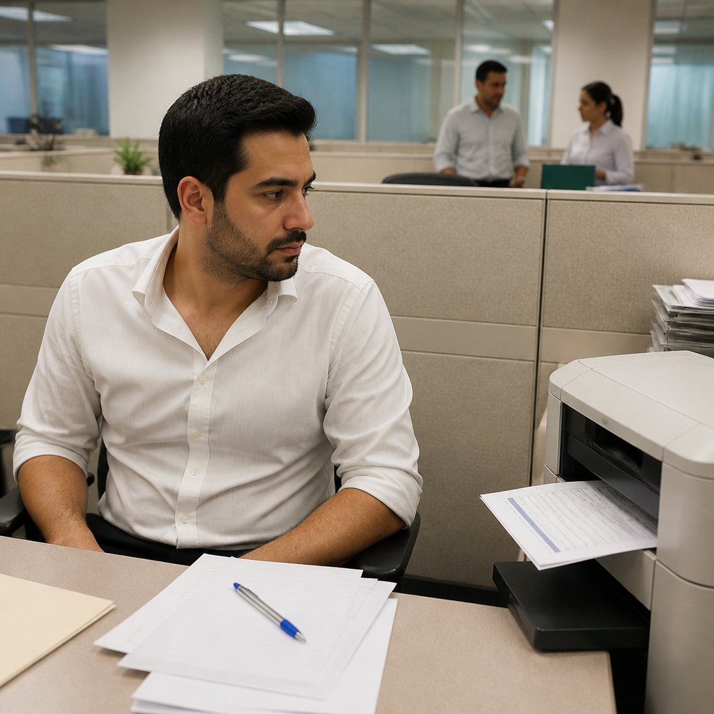 Man at office desk watching printer output test application results, focused and concerned.