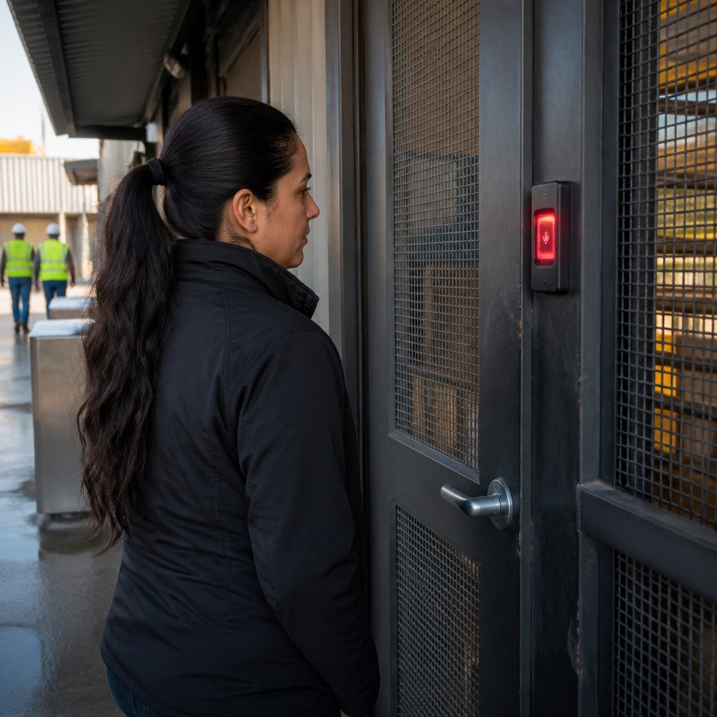Latina woman stands locked out of a corridor, badge denied at a factory door.