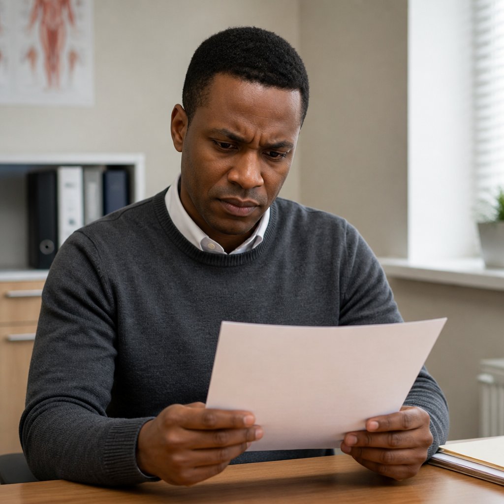 Man reviewing operative report with concern in office