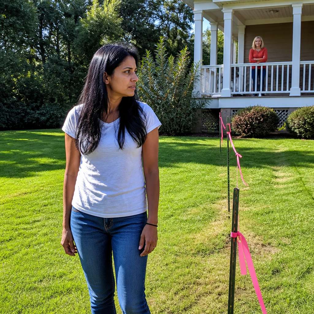 Woman standing near survey stakes marking property line while neighbor watches from porch.